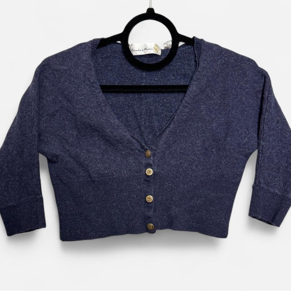 Anthropologie Charlie & Robin Blue Cropped Cardigan Wool Alpaca Y2K S Preppy